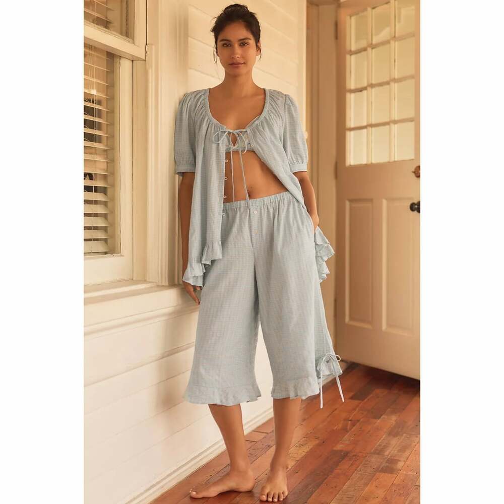 Anthropologie Ruffled Pajama Top & Capri Pants Set in Light Blue Summer Stripe